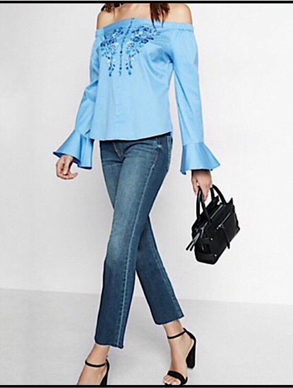 Express Shirt Womens Size Large Blue White Floral Peasant Prairie Office Blouse